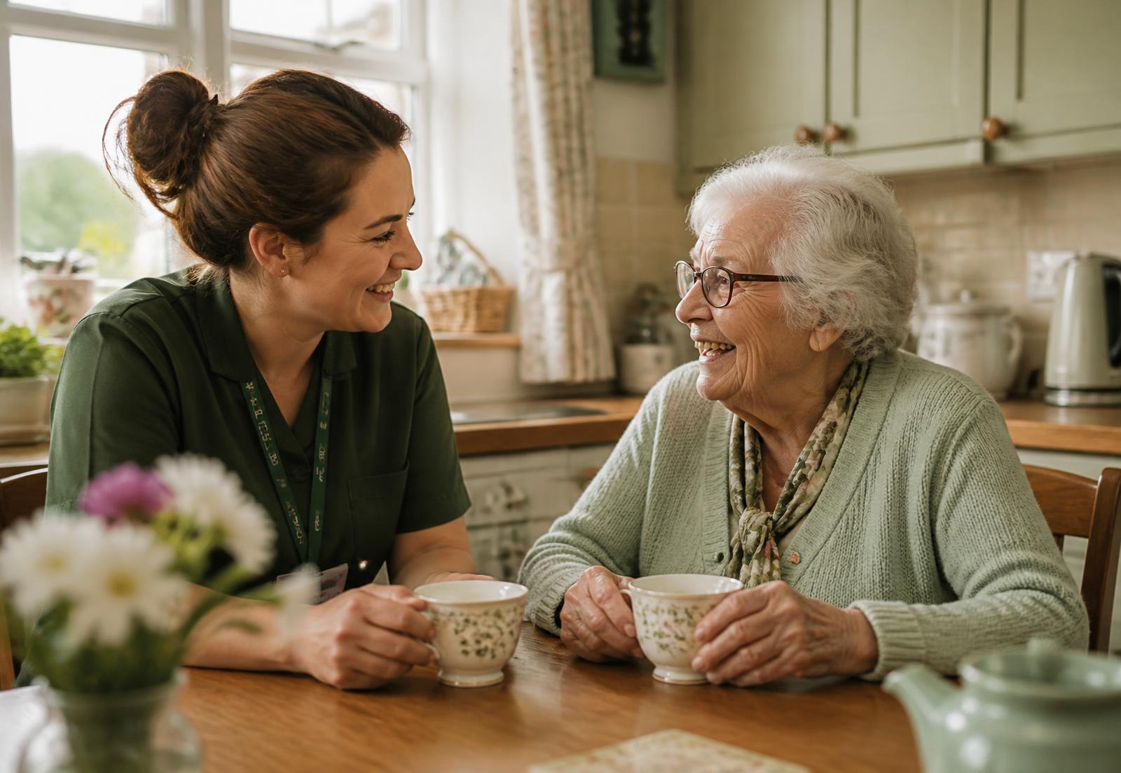 A companion care worker and an older woman sharing tea and conversation at a kitchen table
